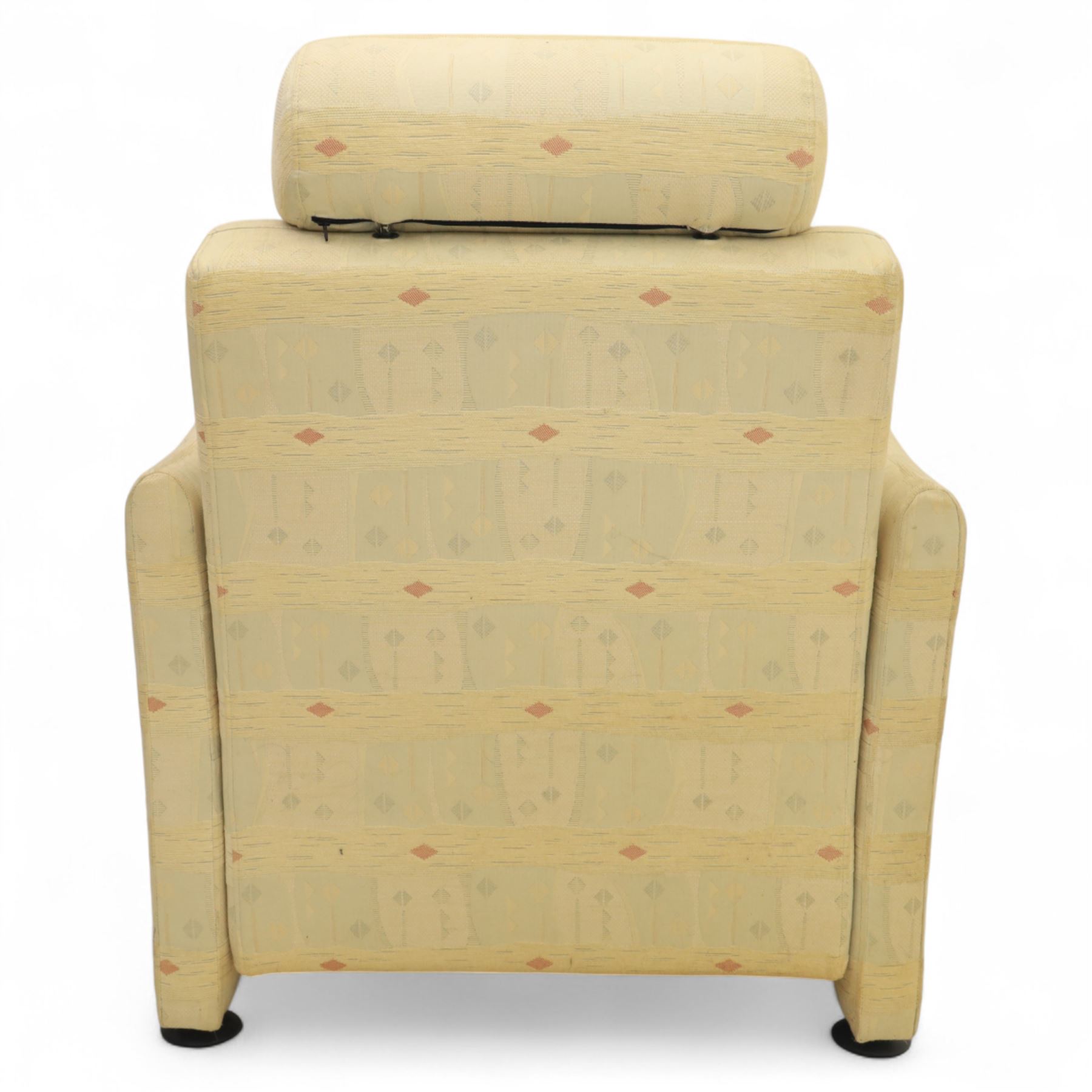 Ligne Roset - modernist French ‘Petite Sieste’ recliner armchair, cream upholstered with shaped back, built-in bolster headrest and curved armrests with contrast suede pads
