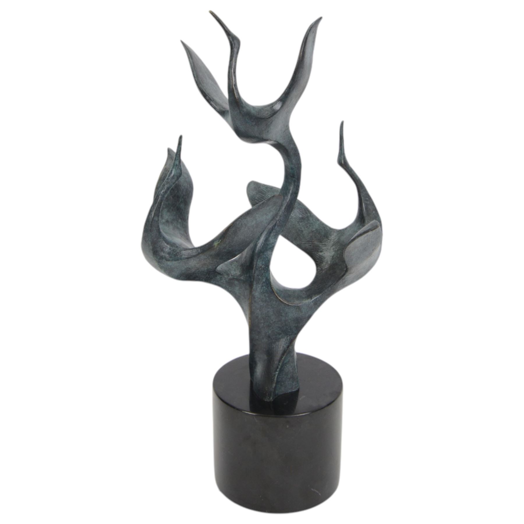 Bronze sculpture modelled as a trio of herons taking flight upon a circular marble base, signed and with foundry mark, H47cmH44cm