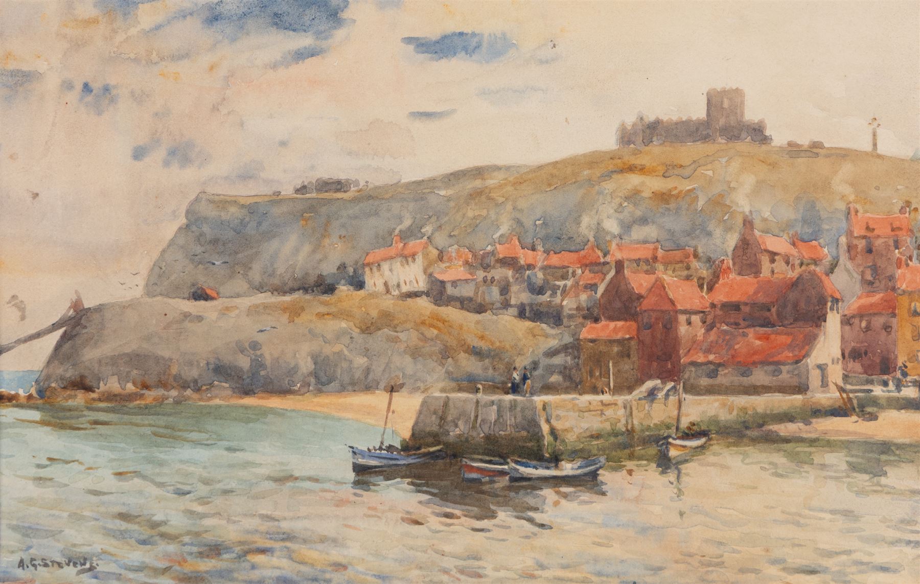 Albert George Stevens (Staithes Group 1863-1925): Tate Hill Pier - Whitby, watercolour signed 18cm x 29cm