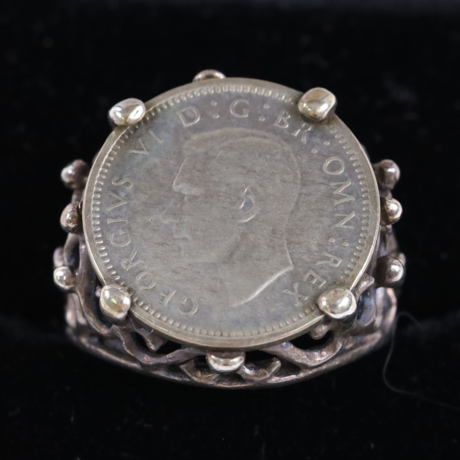 Silver-gilt stone set suite of jewellery, including ring, necklace and pair of earrings, together with five stone set/enamel rings and a coin ring