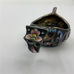 Late 19th century Russian silver kovsh, the body with polychrome cloisonne enamel floral decoration and turquoise enamel bead borders to base and handle, marked beneath with Kokoshnik mark, 84 standard, makers mark MC, possibly for Mikhail Fyodorovich Sokolov, L7cm, H3cm