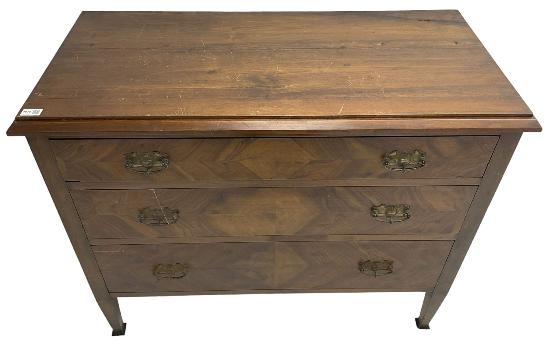 Early to mid-20th century walnut chest, fitted with three graduating drawers with bookmatch veneer facias, raised on square tapering supports