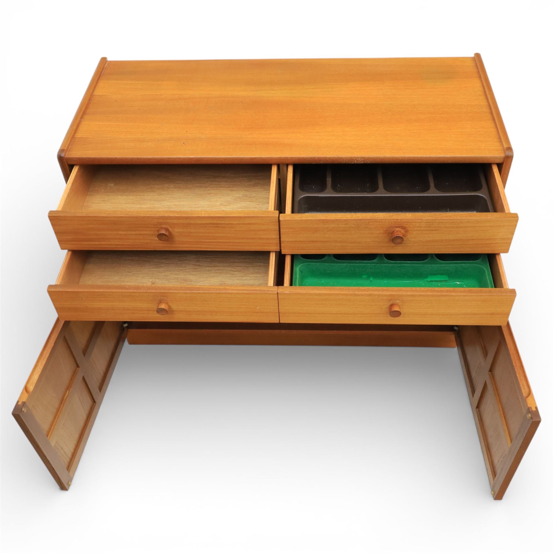 Nathan - 'Squares' pair of sideboards, rectangular top over four short drawers, above signature square panelled cabinet doors on a recessed plinth base
