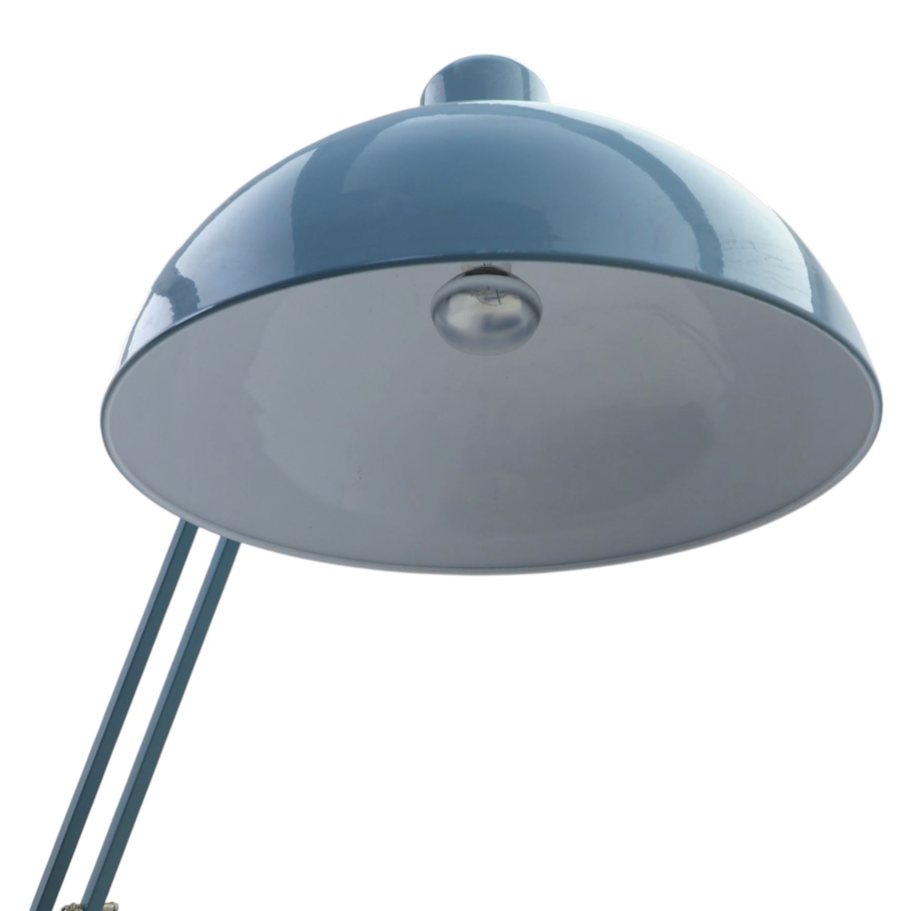 Contemporary pale blue floor lamp, in the manner of Anglepoise, counter balance sprung arm, light grey cord with a weighted base 