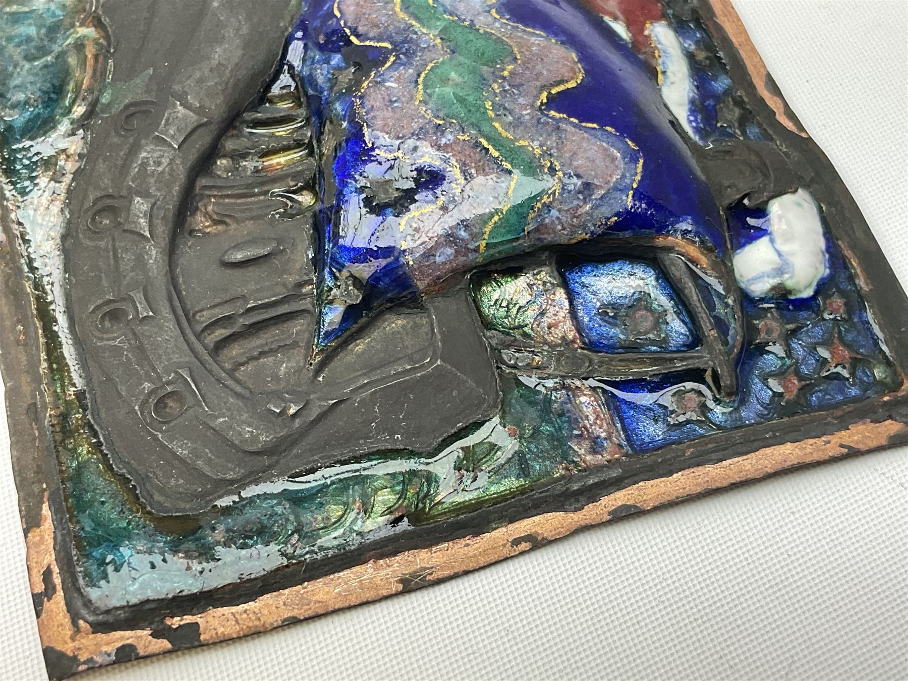 Henry George Murphy (1884-1939), large Arts & Crafts enamel panel, of square form decorated with a stylised ship, upon a green and blue ground, H7cm W7cm  
