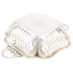 Three mid 20th century silver bowls, including two circular examples with pierced sides and a square example with twin handles, all hallmarked