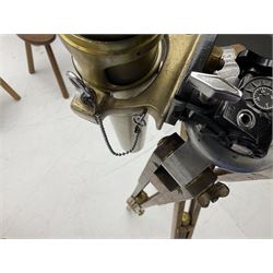 Early 20th century Ross London brass gunsight L67cm now as a telescope with Gaskell & Chambers bracket on hardwood and brass adjustable tripod marked 'Stands Inst No.16 Mk.1'