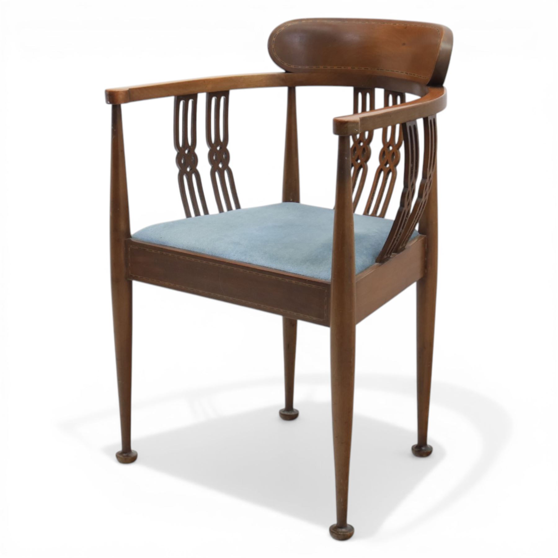 Early 20th century Hepplewhite style mahogany armchair, upholstered shaped back over pierced splat back with linked oval decoration, open arms and upholstered seat, on square tapering supports terminating in pad feet