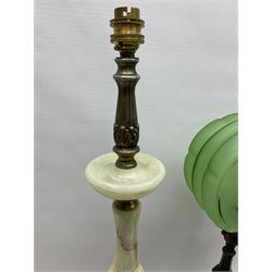 Art Deco style bronzed and gilded spelter figural table lamp with green Uranium glass shade; H48cm, another table lamp; and a bisque group