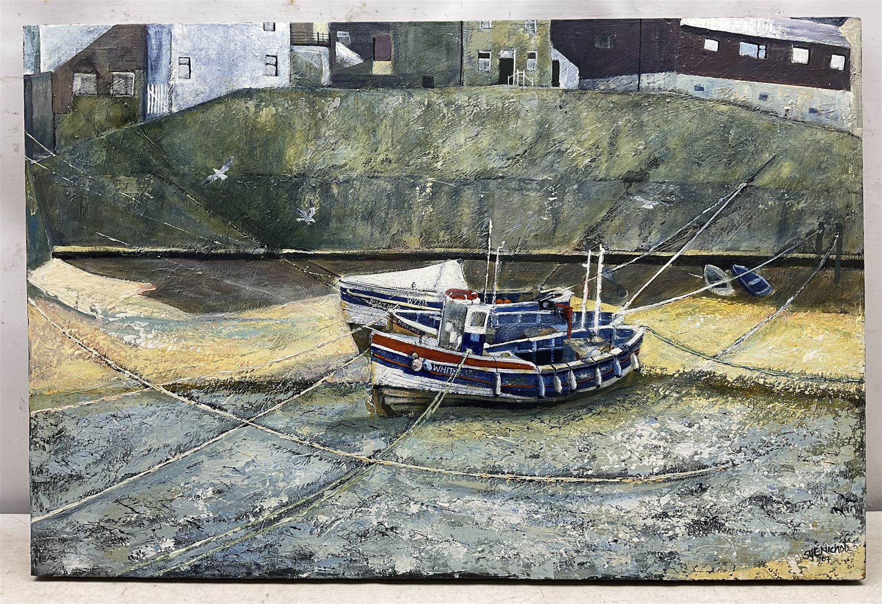 Sue Nichol (Northern British Contemporary): Low Tide at Staithes, acrylic on canvas signed and dated '07, 61cm x 92cm (unframed)