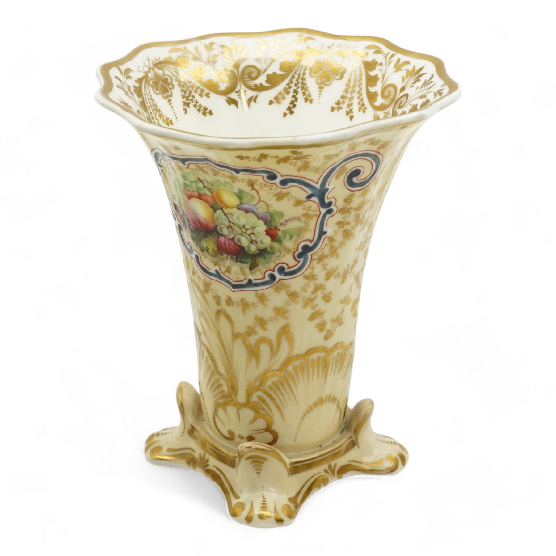 19th century porcelain campana form pot pourri vase, with associated cover, probably Derby, 18th century Worcester scale blue ground kakiemon coffee cup and saucer, c1770, Copeland and Garrett cylindrical vase with flared rim and four scroll supports, H12cm, porcelain chamber stick, modelled as a leaf with grapes flanking the ring handle and a Chinese Export egg cup 