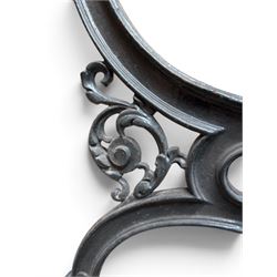 Yates Haywood - pair of 19th century cast iron bench ends, winged griffin detail, arched legs with rope turned decoration, finish in green paint, registration number 206550, first registered 8 March 1867 (see illustration), length as required