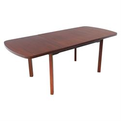 Mid-20th century mahogany extending dining table, with additional leaf, raised on square legs