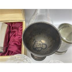 German Bleikristall decanter, set of six Stuart Crystal glasses, a Dartington Crystal decanter, christmas lights and a collection of pewter tankards, etc 