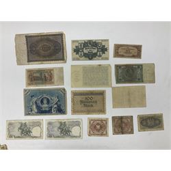 Great British and World coins and banknotes, including two Queen Victoria 1887 florins, King George V 1930 halfcrown, pre decimal pennies and other denominations, five Queen Elizabeth II five pound coins, United States of America 1964 Kennedy half dollar, German and other banknotes etc