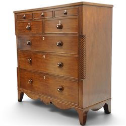 Large 19th century mahogany chest, with rectangular top with inlay flanked by spiral turned uprights, three short drawers above two short and three graduating long drawers, bone escutcheons and turned wooden handles, shaped apron raised on bracket feet 