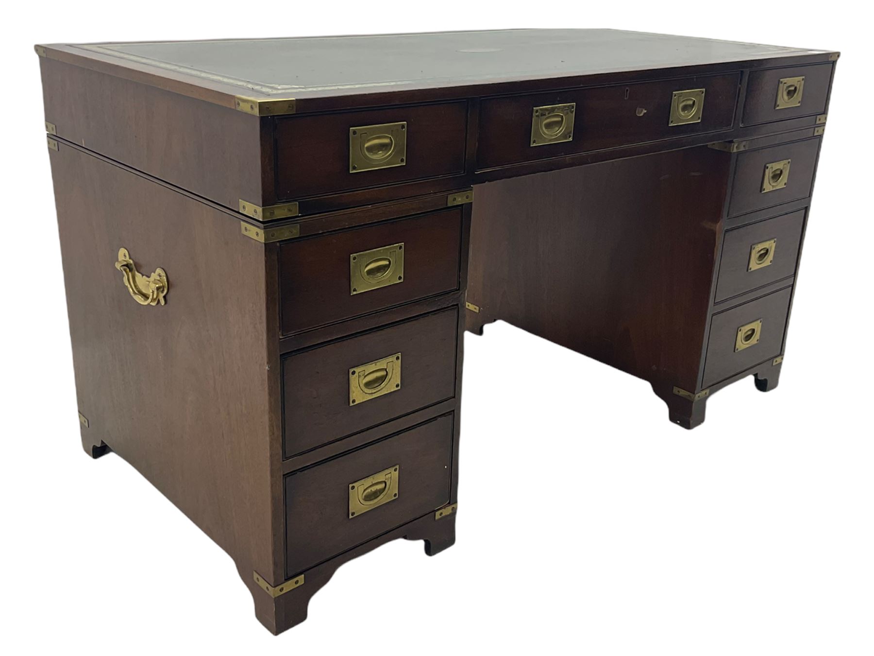Bevan Funnell Reprodux - Military style mahogany twin pedestal desk, rectangular top with leather inset, fitted with eight drawers, on bracket feet