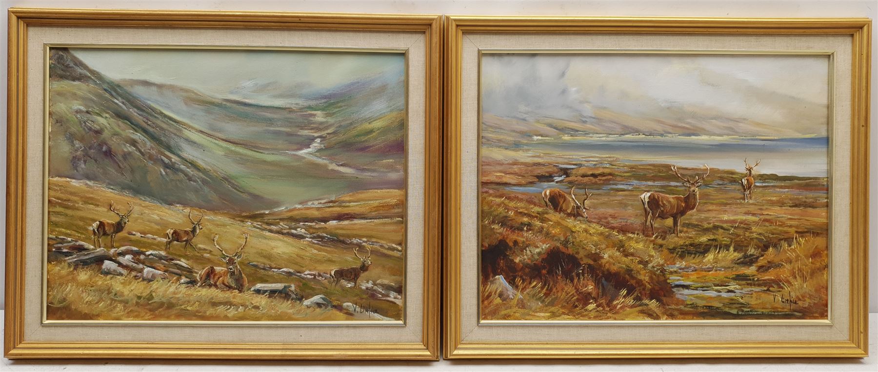 Vittorio (Victor) Antonio Cirefice (Welsh 1949-): 'Waiting for Him to Get Up' and 'Summer Evening Feed' in the Scottish Highlands, pair oils on canvas signed, inscribed verso 35cm x 45cm (2)