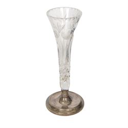 Drimmer table lamps, decorated with flowers upon a blue ground, together with a glass tulip vase upon a silver base, hallmarked 