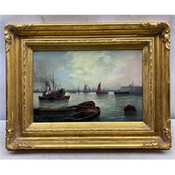 H Williamson (19th/20th century): Steamer and Barges on the Thames at Wapping, oil on canvas signed, titled verso 20cm x 30cm