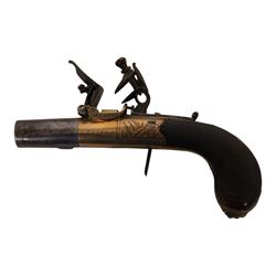 Pair early 19th century flintlock pocket pistols by Twigg of London, with 4cm twist-off barrel, concealed trigger, engraved and named action, chequered stock with vacant wrist cartouche and lion mask butt cap, overall L15cm 