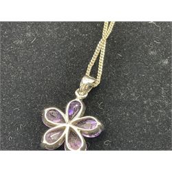 Silver stone set jewellery including amethyst flower necklace and cubic zirconia stud earrings, together with two Swarovski crystal rings and a Swarovski infinity symbol pendant necklace, mostly boxed 