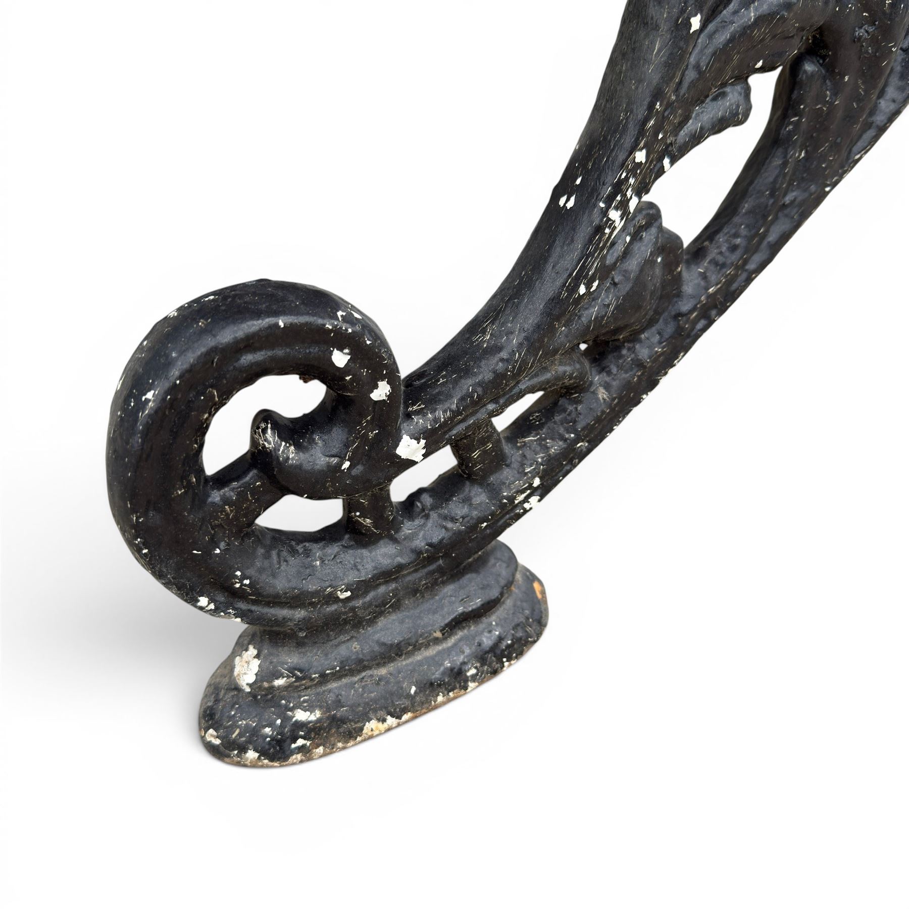 19th century cast iron and wood slatted garden bench, serpentine scroll form, ornate bow ends finished in green paint
