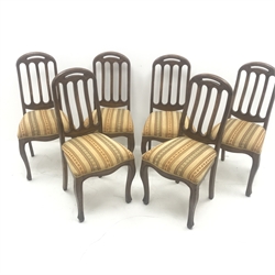 Set six hardwood chairs, shaped and pierced cresting rail, upholstered seat, cabriole legs, W48cm 