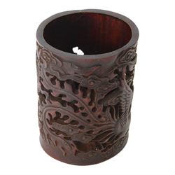 Carved brush pot, decorated with dragon and ho ho bird, H17cm