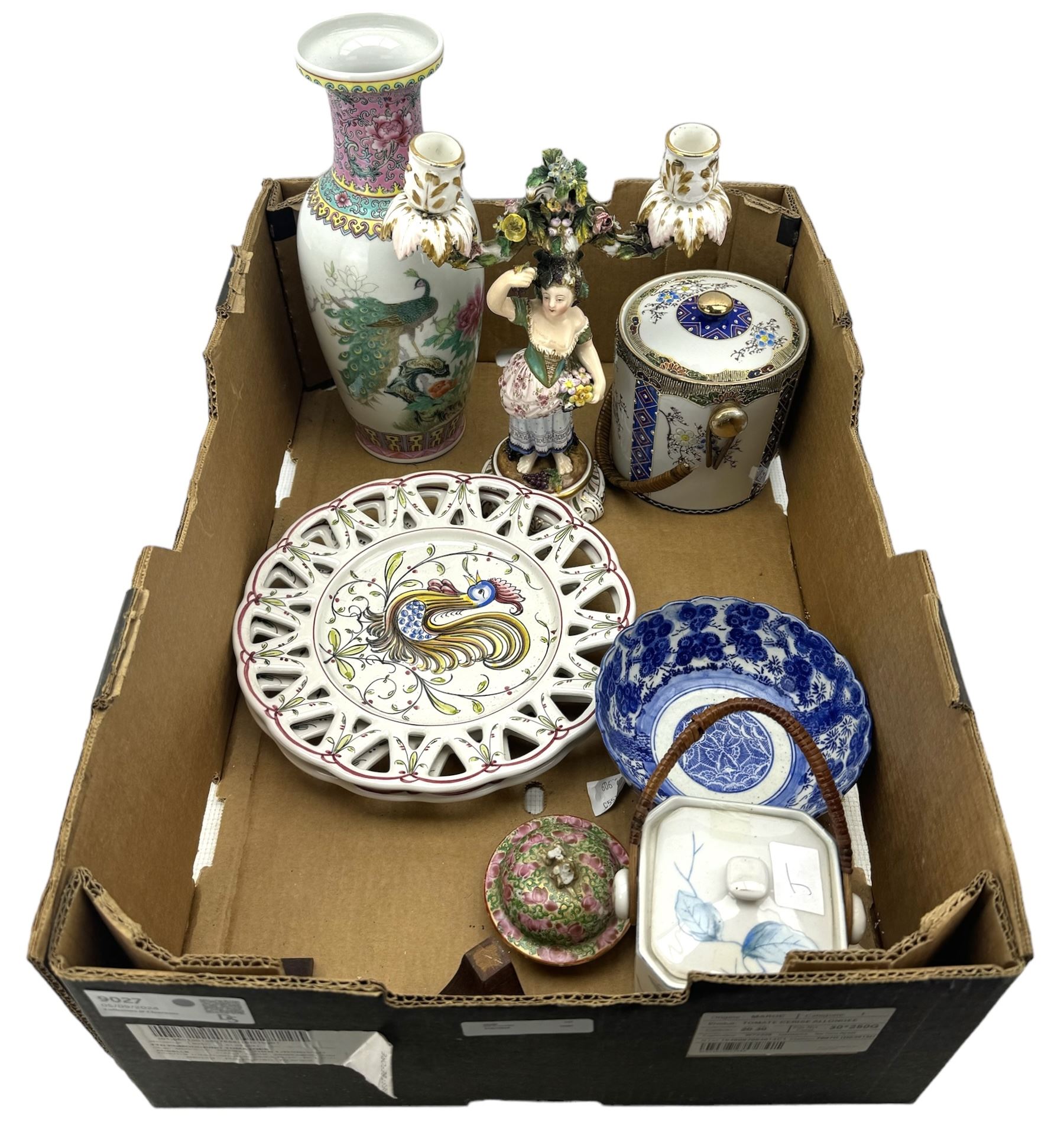 19th century figural candelabra by John Bevington, H29cm, modern Chinese vase with printed decoration, Japanese blue and white bowl, two Portuguese plates etc in one box