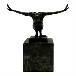 Bronze figure after Milo, Power Of Silence, modelled as a male athlete crouched with arms outstretched, signed Milo with foundry mark, upon a marble plinth, H15cm
