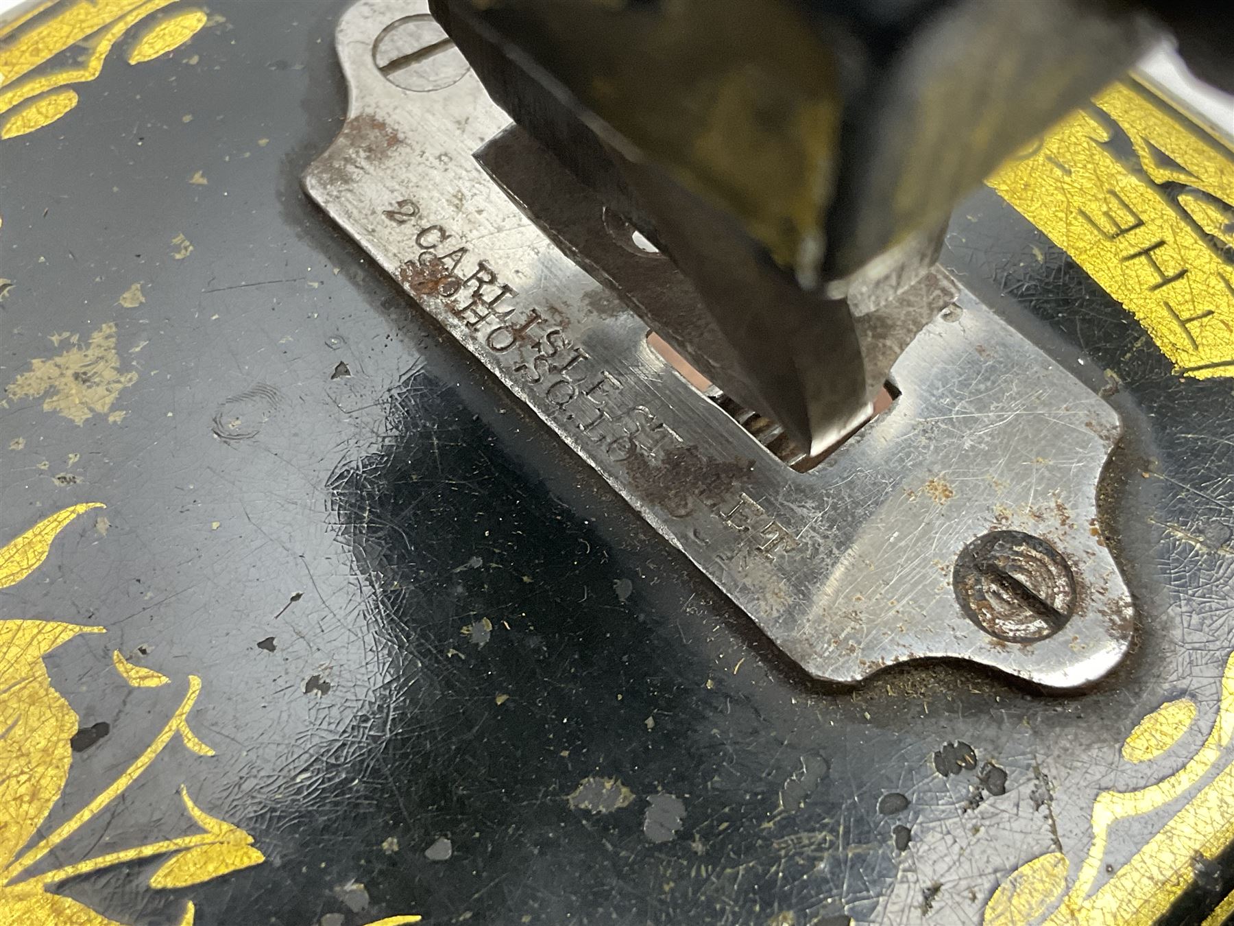 James G Weir 'The Globe' hand-cranked sewing machine, circa 1872, in black finish with gilt and flower painted decoration, the bed stamped Ja's G. Weir, 2 Carlisle Street, Soho Sq., London, with walnut locking carrying case and original manual, boxed H25cm 