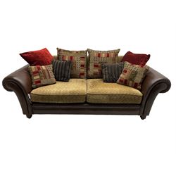 DFS - 'Perez' three-seat sofa (W222cm, H90cm, D105cm); and matching two-seat sofa (W188cm); upholstered in stitched brown fabric with patterned contrasting fabric cushions