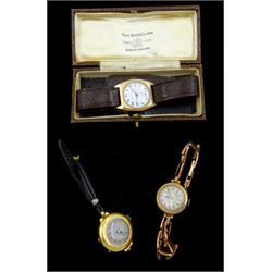  Early 20th century 18ct gold manual wind wristwatch, London 1920, on leather strap, Thomas Russell rose gold wristwatch, with leather strap and one other gold wristwatch, on expanding gold strap, both watches 9ct