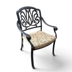 Painted aluminium rectangular garden table and five chairs, with loose seat cushions