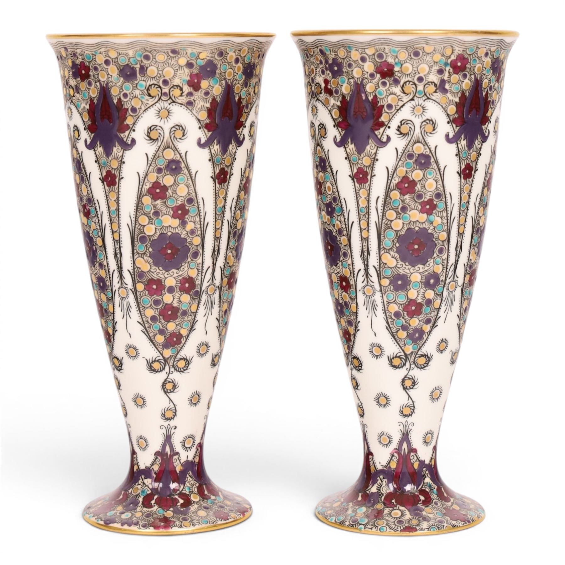 Pair of early 20th century Royal Worcester shape 2601 vases, painted with peacock feather design, marked in puce to base H16.5cm 