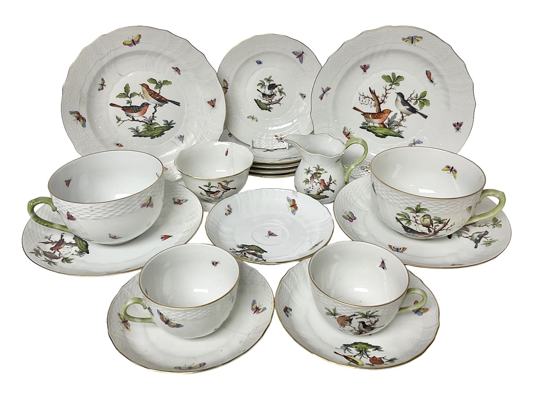 Herend of Hungary Rothschild bird pattern, part tea service, comprising two large teacups and saucers, two teacups and three saucers, milk jug, sugar bowl, five dessert plates and two side plates (18)