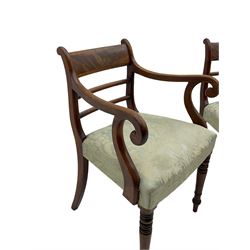 Set of eight 19th century mahogany dining chairs, figured banded rail, turned legs - two carver armchairs and six side chairs