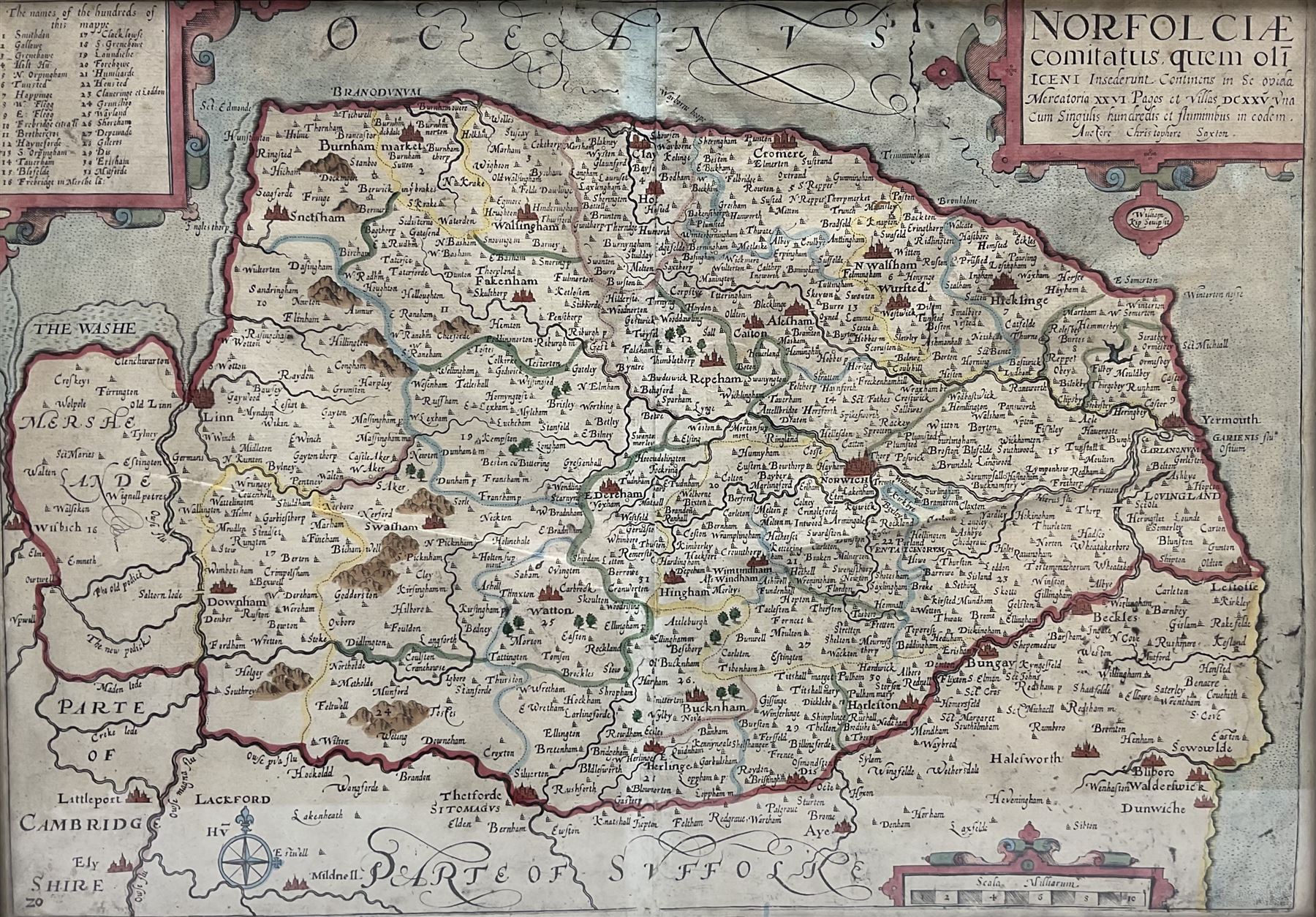 William Kip (British fl. 1588-1635) after Christopher Saxton (British 1540-1610): 'Norfolicæ comitatus quem oli icenci' Norfolk, engraved 17th century map with hand-colouring 27cm x 39cm