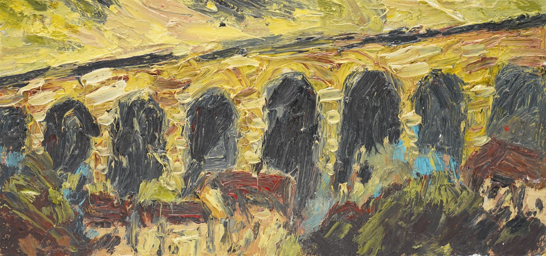 Barry De More (Yorkshire 1948-2023): Westvale Viaduct', oil on board, signed titled and dated 2012 verso 14.5cm x 31cm
Provenance: consigned by the artist's widow