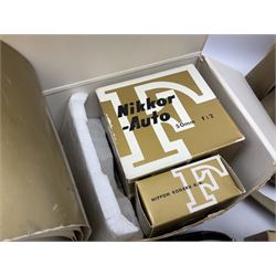 Cameras and accessories including Nikon Nikkormat camera with ‘Nikkor-H 1:2 f=50mm’ lens, Olympus C-8080 wide zoom digital camera, soft case camera bag etc, all untested, in one box