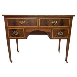 Georgian design inlaid mahogany kneehole desk or side table, rectangular top with satinwood banding, fitted with two long over two short drawers, raised on square tapering supports with brass castors