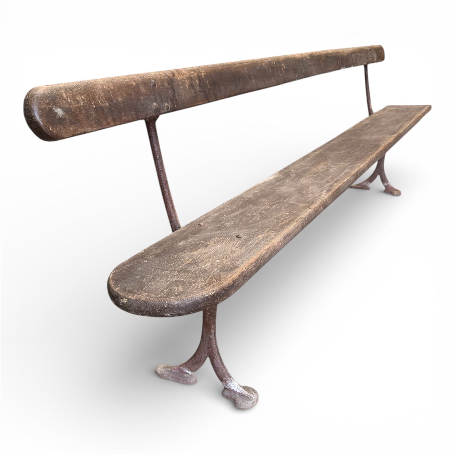 Early 20th century cast iron and painted wood bench, plank seat and back