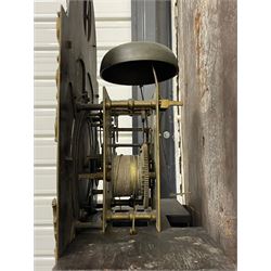 Gilbert Kidd of Malton (North Yorkshire) - late 18th century oak 8-day longcase clock c1780,  with a tall double caddy top and later brass ball and spire finials, break arch hood door beneath with attached pilasters and wooden capitals,  plain trunk with a long flat topped door, raised on a square plinth with applied skirting,  brass break arch dial with the makers name to the silvered boss in the break arch, engraved and silvered dial centre and chapter ring, with cast spandrels and matching steel hands, subsidiary seconds dial and square calendar aperture, dial pinned directly to a rack striking movement with a recoil anchor escapement, sounding the hours on a cast bell. With pendulum and weights.
The Kidd family were a prolific family of provincial clockmakers working in Malton from the mid 18th century until the early 19th century. Many of their clocks are simply signed 