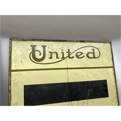 Three large United bus timetable signs, with vacant chalkboard panels to detail bus times and fares, with gilt lettering, mounted in metal frames, together with another smaller black and white double sided United bus stop sign, largest H92cm W61cm