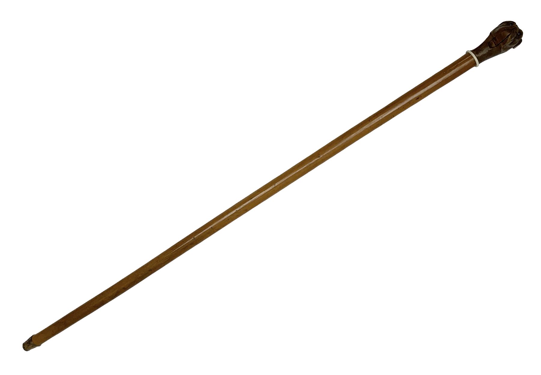 20th century walking cane, the carved wooden handle modelled as the head of a boxer dog with inset glass eyes and articulated and sprung jaw, upon a tapering Malacca shaft, L86.5cm