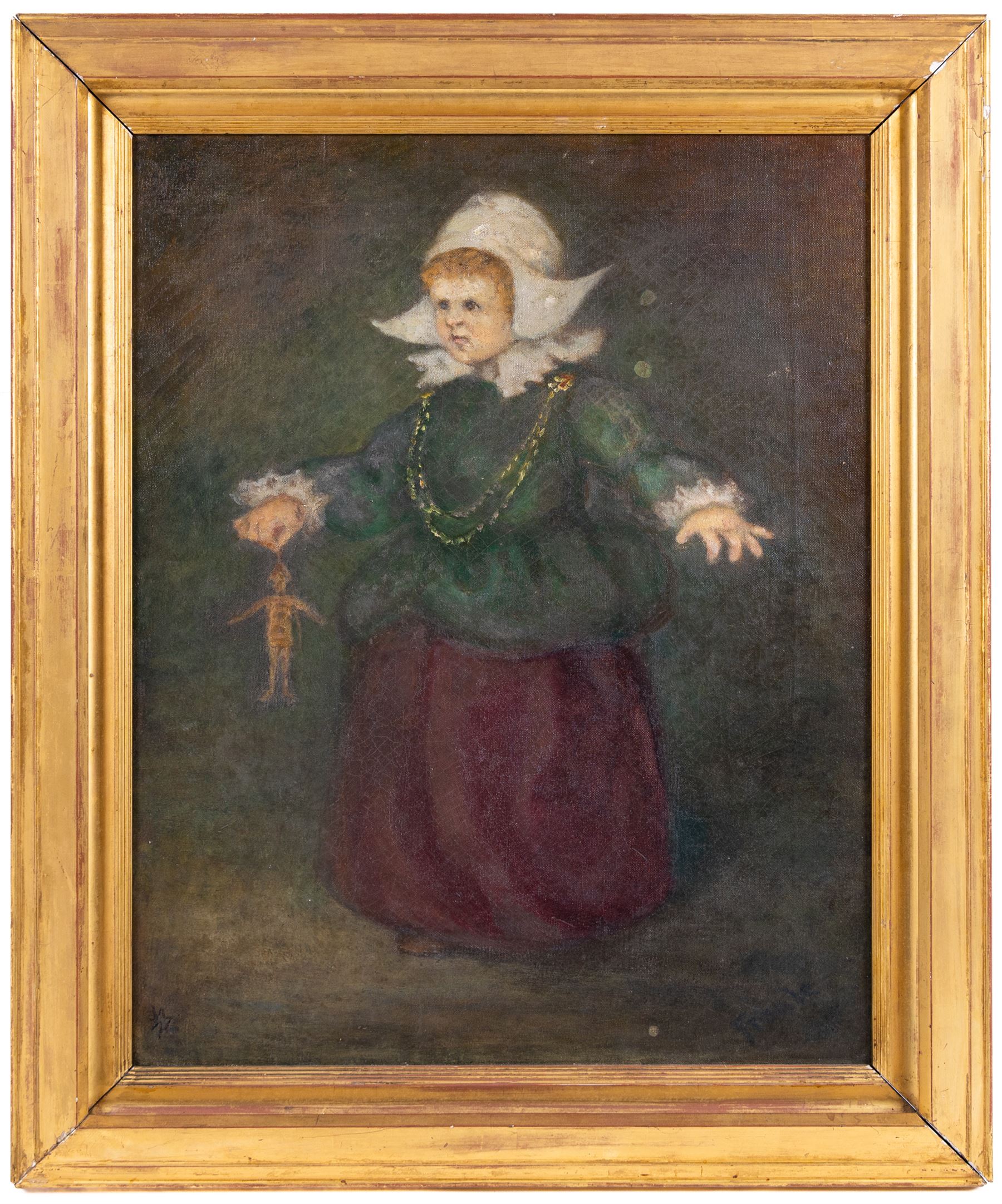 German School (Early 20th Century): Portrait of a Girl Holding a Doll, oil on canvas indistinctly signed Freule?, 50cm x 39cm 
