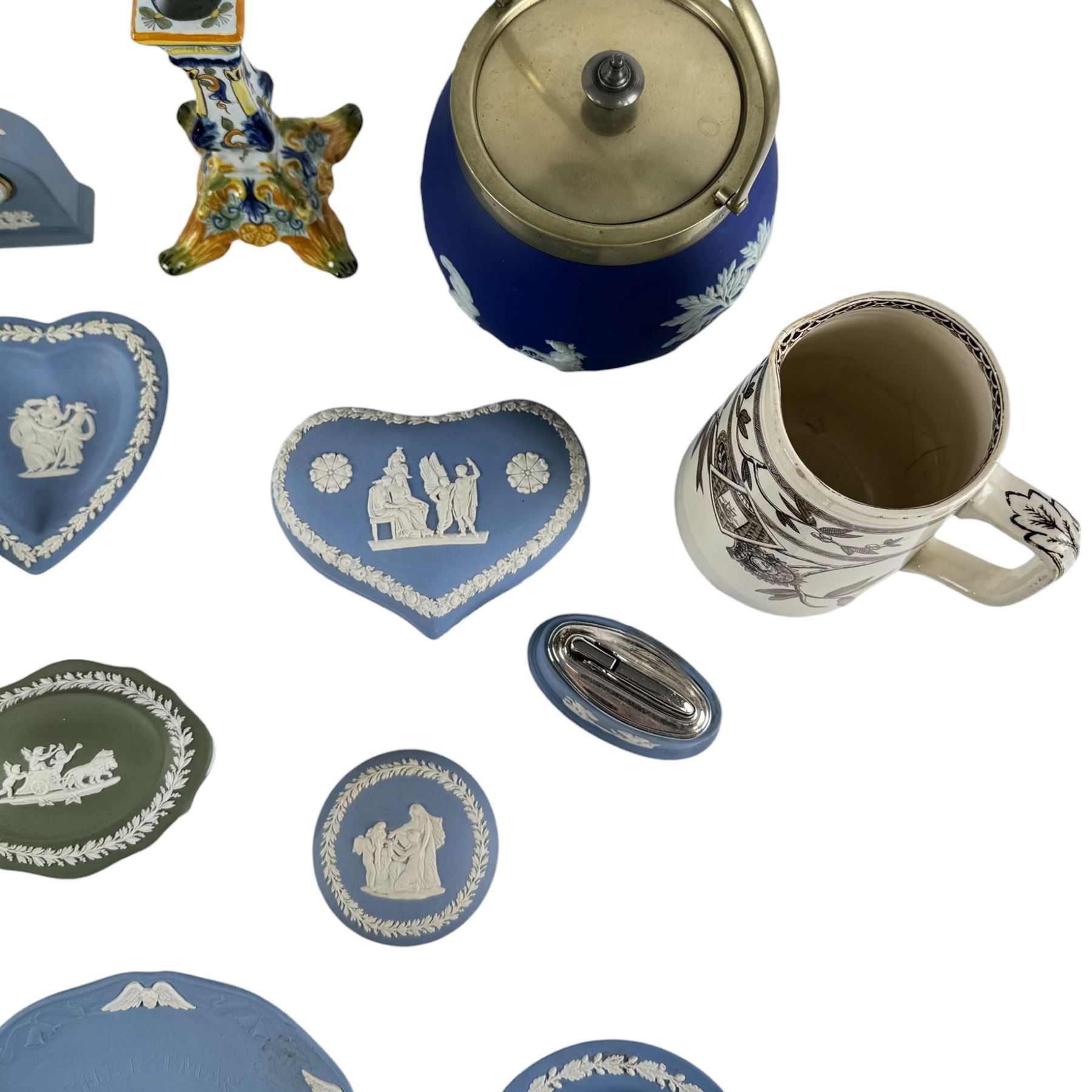 Collection Wedgwood Jasperware including clock, lighter, biscuit barrel and trinket boxes, together with other Wedgwood  
