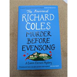 Eight first edition books, comprising signed Bob Mortimer 'And Away' autobiography, signed Richard Coles 'Murder Before Evensong' and six Richard Osman books, including 'The Thursday Murder Club' and 'The Last Devil To Die', with two Richard Osman signed bookplates