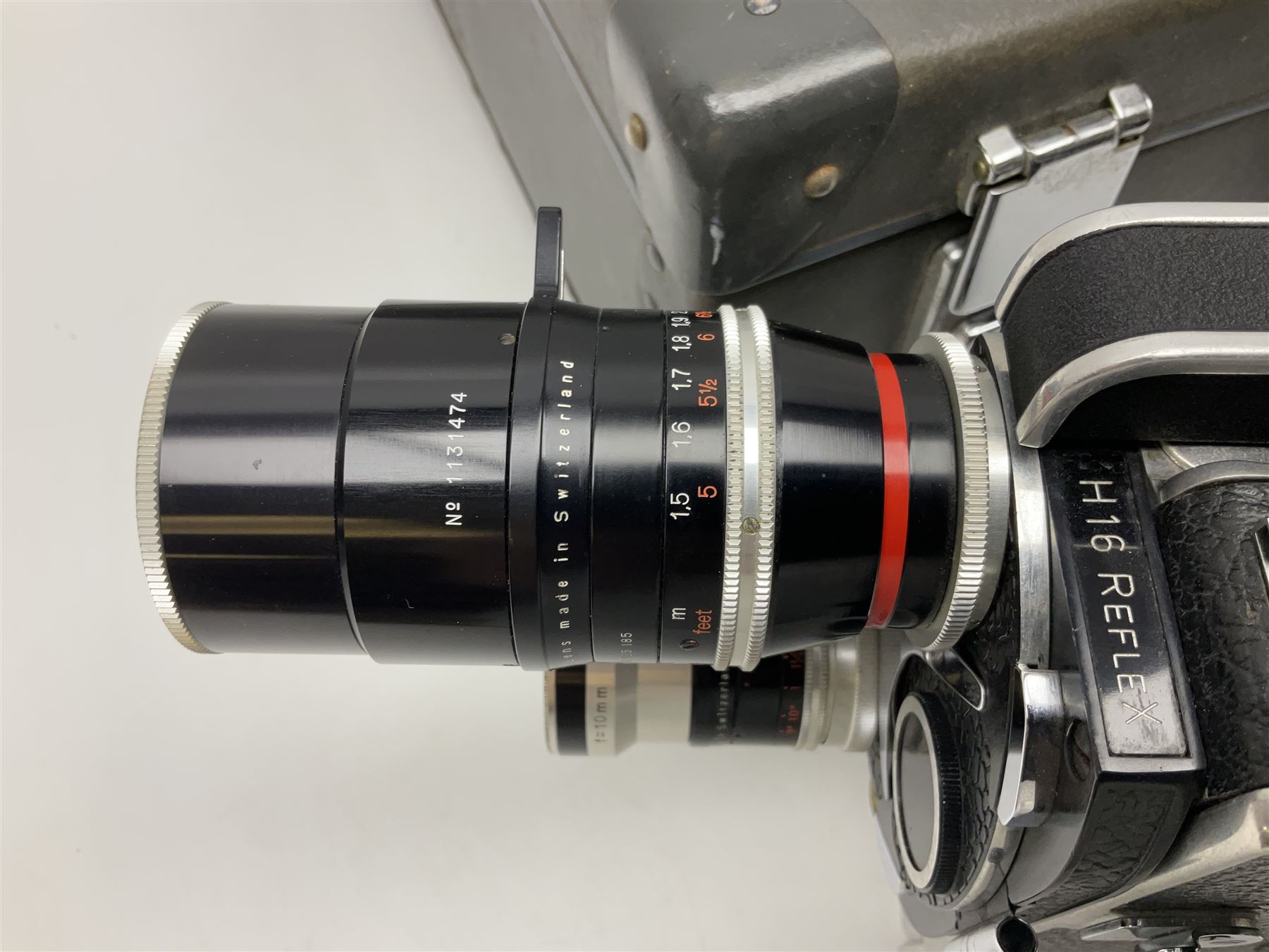 Bolex H16 Reflex camera body, serial no. 136928, with 'Macro-Switar 1:1.9 f=75mm' lens, serial no. 1131474, Switar H16 RX 1:1.6 f=10mm' lens, serial no. 1106324, with hard carry case